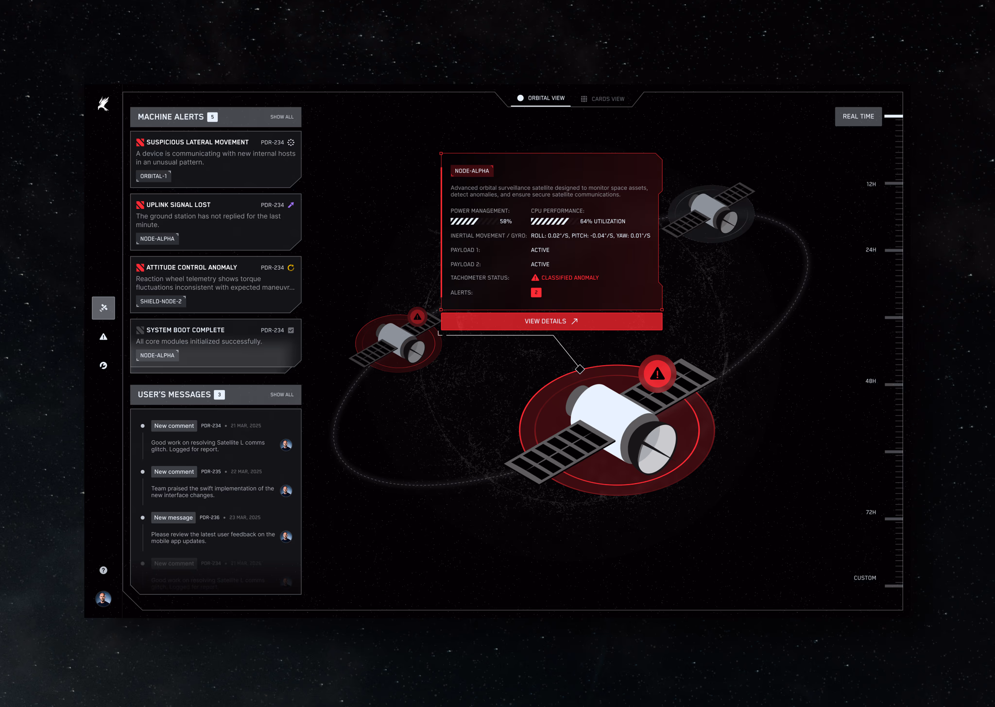 Satellite operations interface with machine alerts and orbital asset status