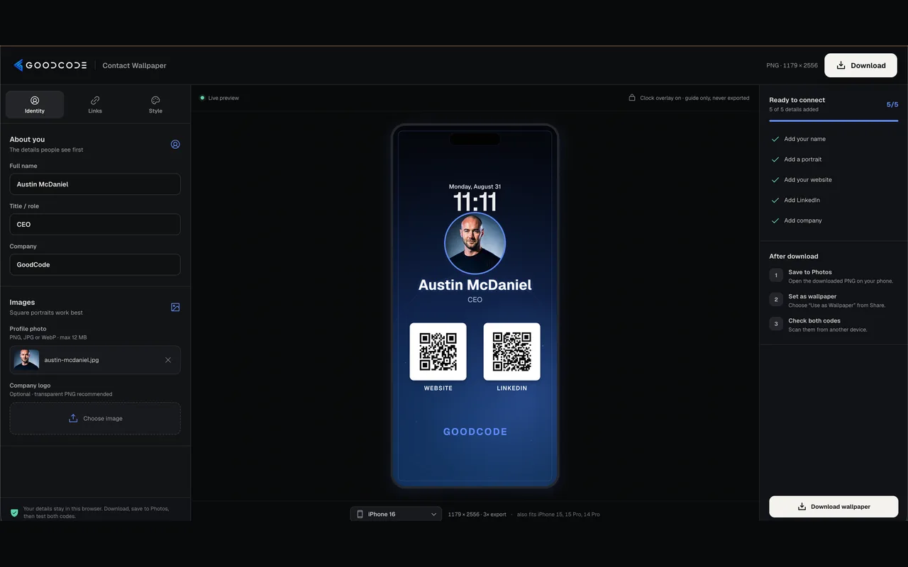 Conference Background Generator with profile controls, a live iPhone lock-screen preview, and a readiness checklist