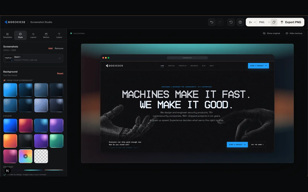 Screenshot Studio with styling controls beside a gradient canvas framing the GoodCode homepage